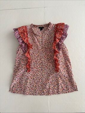 Ann Taylor Floral Ruffle Sleeve Top Coral, Lavender, Yellow, White Multi, XSP